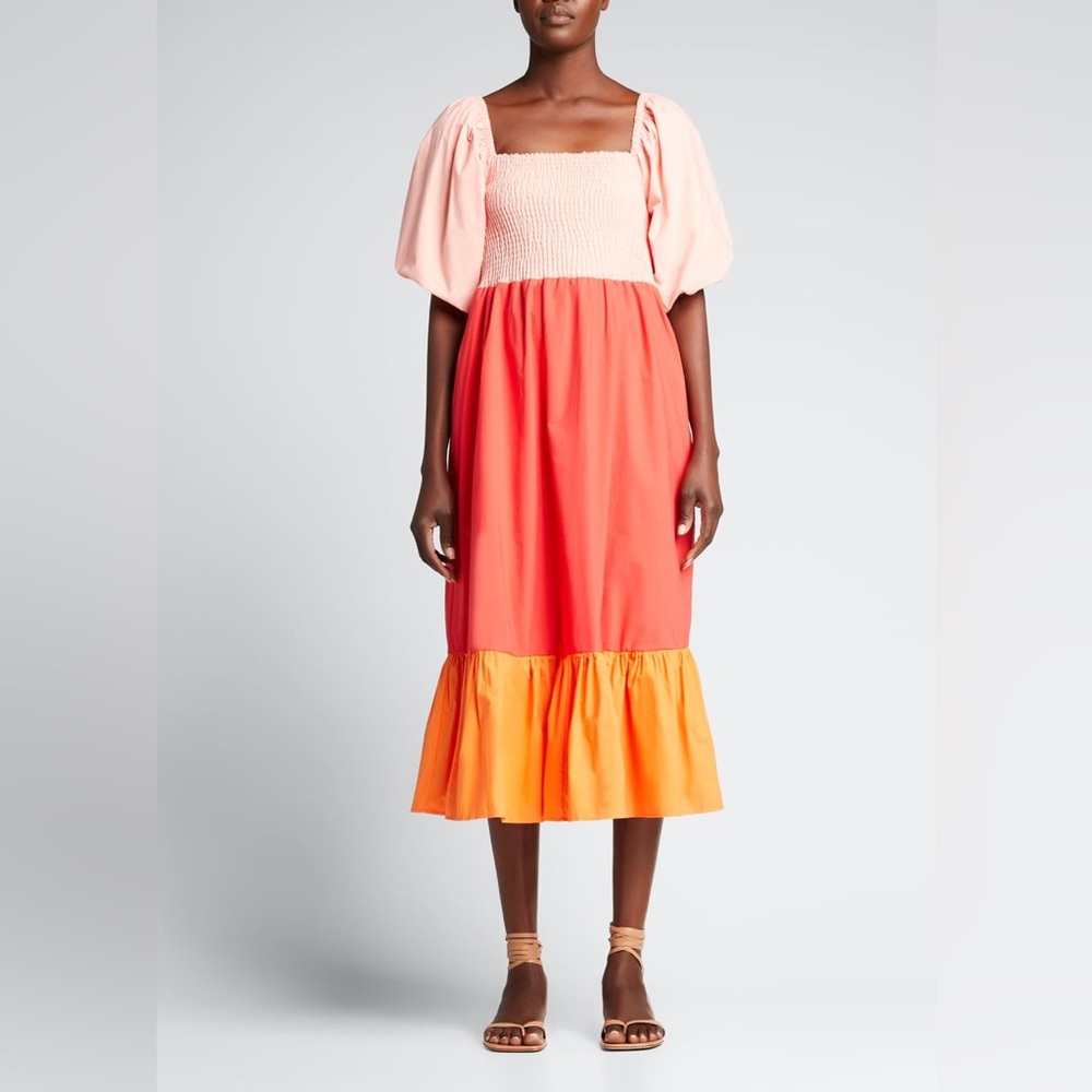 RHODE Eloise strawberry Colorblock cotton poplin Midi Dress with Smocking S